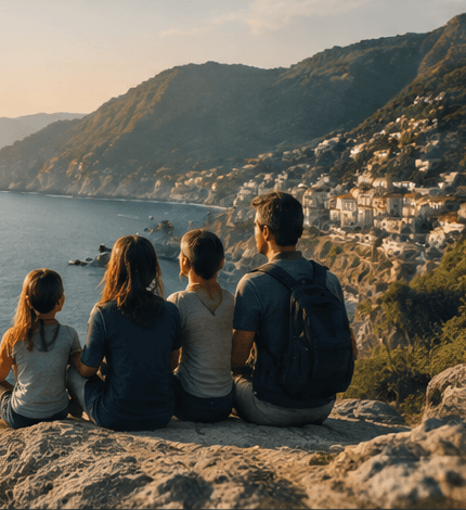 A family sitting together and looking out over a calm coast